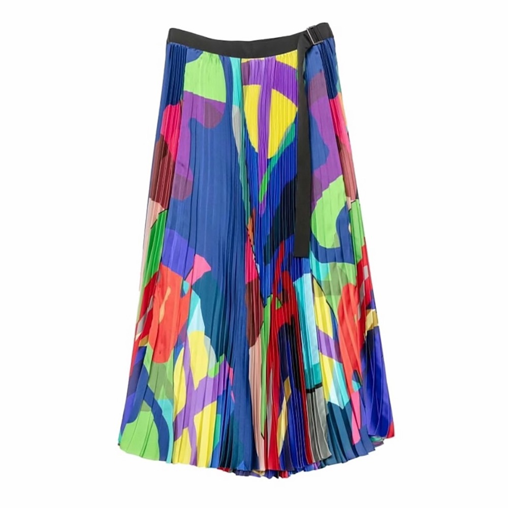 Sacai x Kaws Pleated Midi Wrap Skirt Colorful Rainbow Abstract Blue Black 0 XS